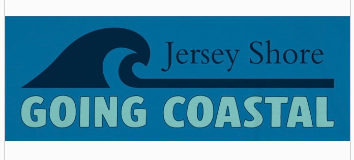 Logo for 'Jersey Shore Going Coastal' with a wave design on a blue background